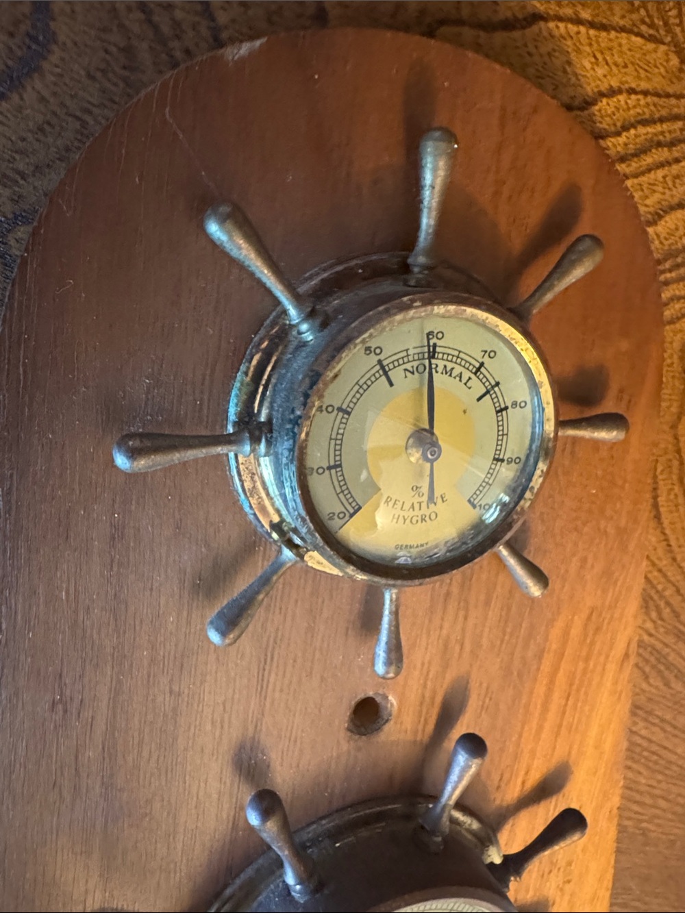 Vintage MCM Nautical Made in Germany Wall Weather Station - Wood, Brass, Steel - Picture 8 of 9